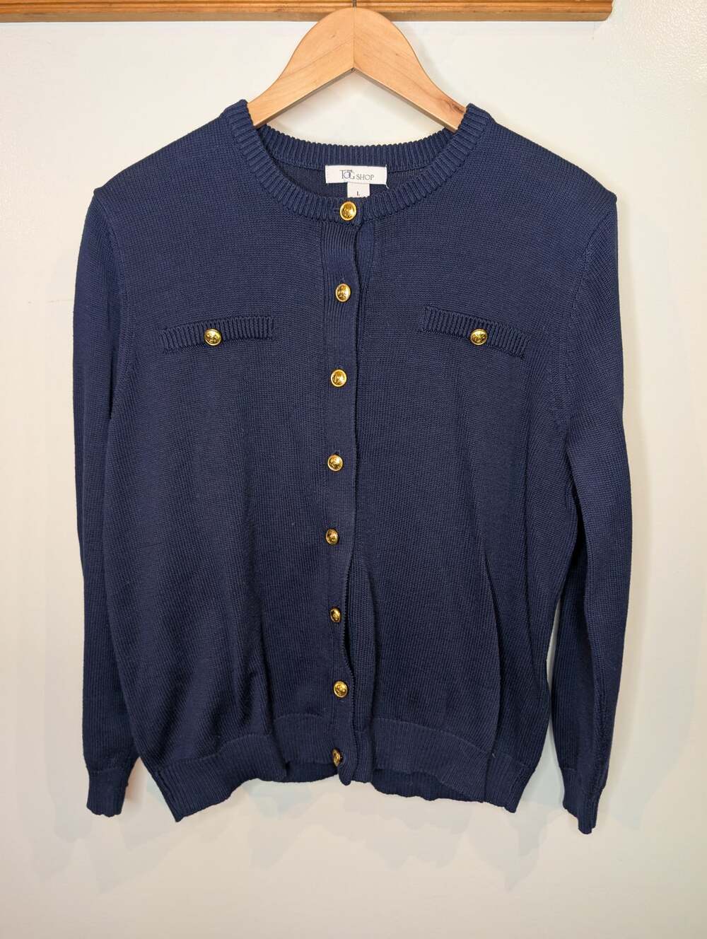 Tog Shop Womens Navy Cardigan Sweater Gold Buttons Nautical Old Money Preppy L